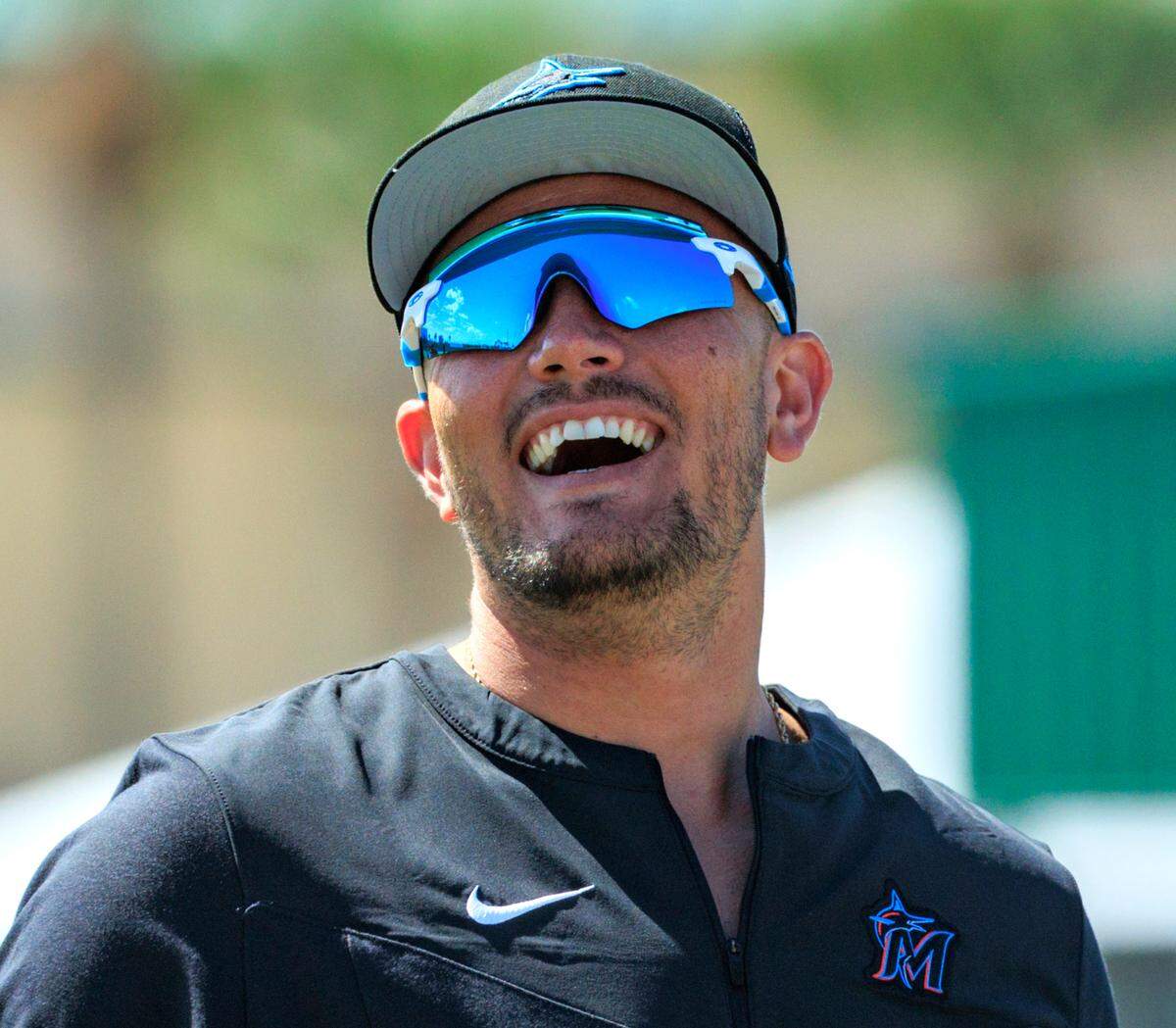 Miami Marlins shortstop Miguel Rojas laughing during the first full-squad spring training workout at Roger Dean Stadium on Monday, March 14, 2022 in Jupiter, FL.