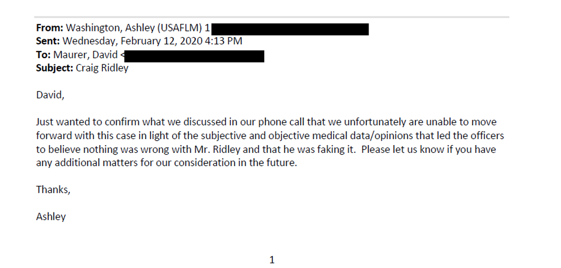 In an email, a federal prosecutor explains to state police why the Justice Department will not file charges over the death of Craig Ridley in a Florida prison.
