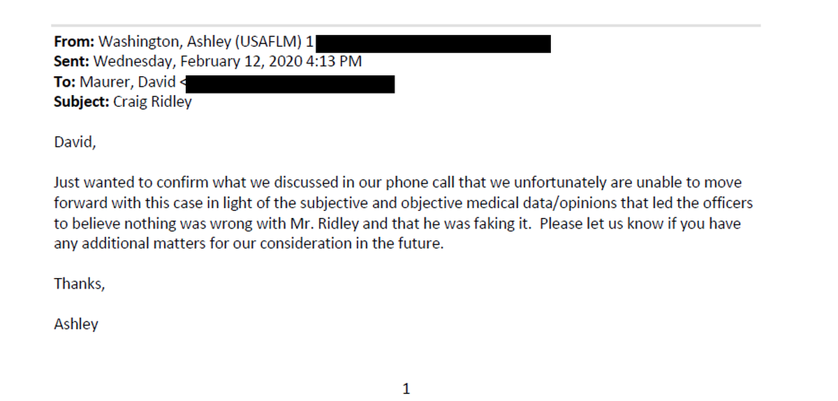 In an email, a federal prosecutor explains to state police why the Justice Department will not file charges over the death of Craig Ridley in a Florida prison.