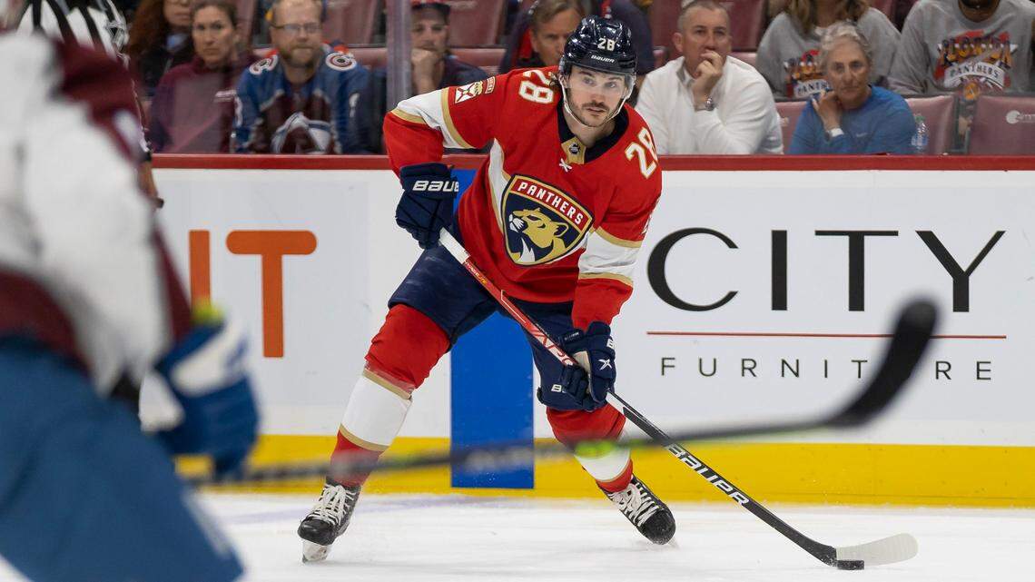 Florida Panthers defenseman Josh Mahura (28) looks to pass against the Colorado Avalanche during the first period of an NHL game at the FLA Live Arena on Saturday, Feb. 11, 2023, in Sunrise, Fla.