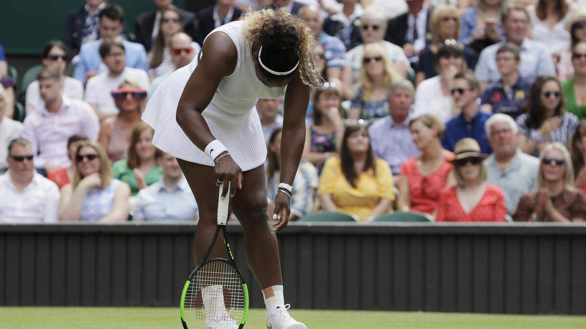 United States’ Serena Williams is dejected after losing a point during the women’s singles final match against Romania’s Simona Halep on day twelve of the Wimbledon Tennis Championships in London, Saturday, July 13, 2019.(AP Photo/Kirsty Wigglesworth)