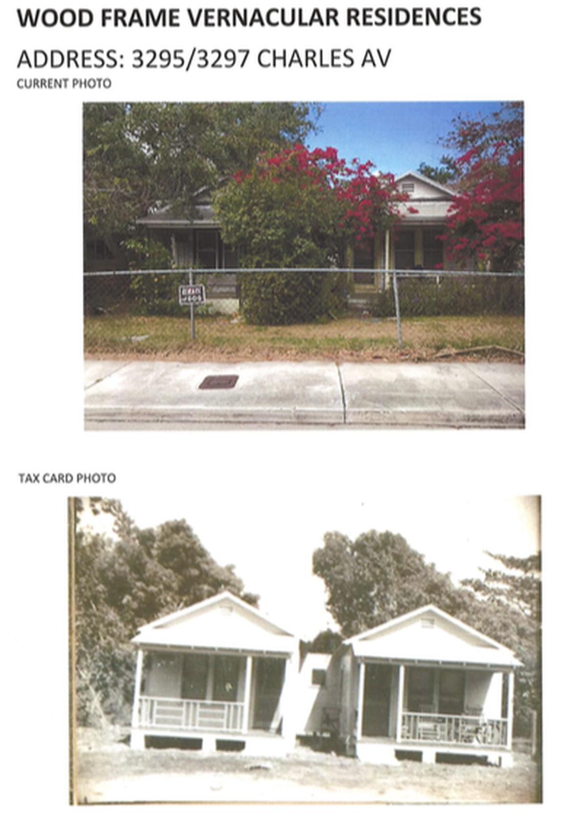 A document shows the property at 3295 and 3297 Charles Ave., first recently and then in an original tax card photo. The homes were built in 1939.