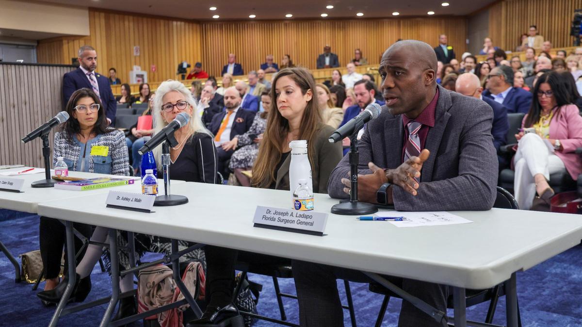 Dr. Joseph Lapado, Florida’s surgeon general, urges Miami-Dade commissioners to end adding fluoride in tap water during a March 11, 2025, hearing in downtown Miami. On Tuesday, May 6, 2025, the commission voted to end the fluoridation program, overriding a veto by Mayor Daniella Levine Cava of legislation with the fluoride ban.
