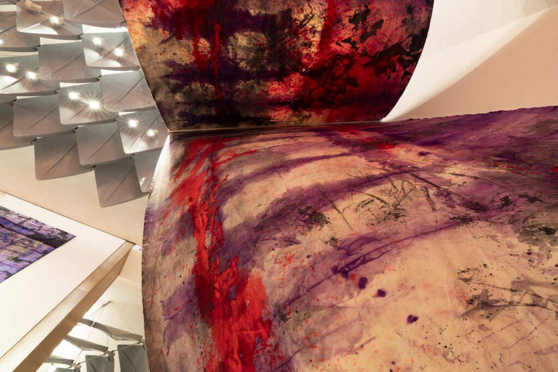 Mette Tommerup, “Like the Body of a Flower,” 2024. Acrylic on raw canvas, aluminum armature. Dimensions variable 22’H x 15’W x 12’ D.