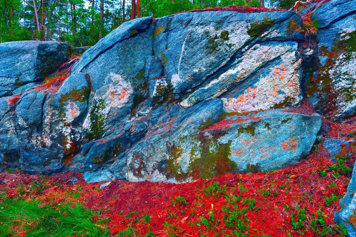 A photo with highlighted coloring shows several paintings (in red) on the rock.