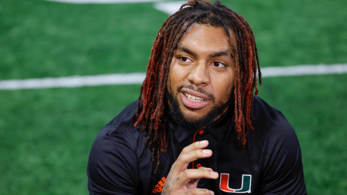 Miami Hurricanes running back Damien Martinez speaks to reporters at the University of Miami’s Carol Soffer Indoor Practice Facility on Tuesday, July 30, 2024.