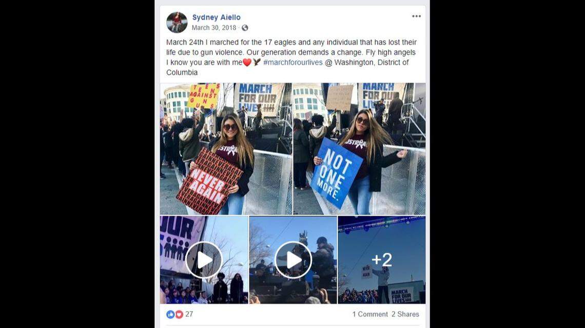 Marjory Stoneman Douglas High School graduate Sydney Aiello marched on Washington, D.C., following the shooting at her Parkland school to raise awareness for the movement to end gun violence through stricter gun laws.