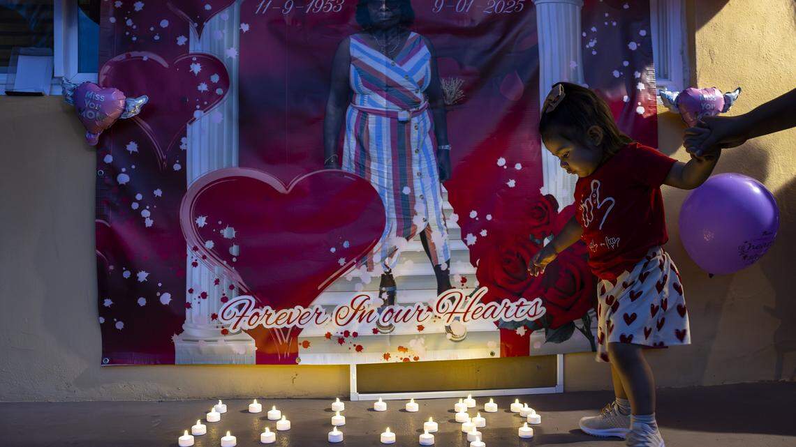 Delilah, 2, attends a vigil for the late Doreen Richards Broadbelt on Tuesday, Sept. 9, 2025, in Miami Gardens, Fla. Broadbelt, 71, was walking to her job at Walmart when a dog attacked and fatally mauled her near her home on Labor Day, police said.
