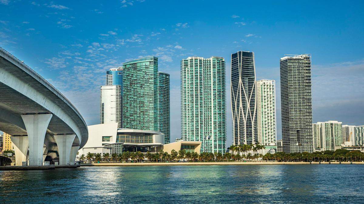 Miami skyline buildings view including from left- the FTX Arena, the Marina Blue, the 900 Biscayne, Scorpion Tower Miami by architect Zaha Hadid, the Ten Museum Park and the Marquis Miami, in downtown, on January 26, 2022,