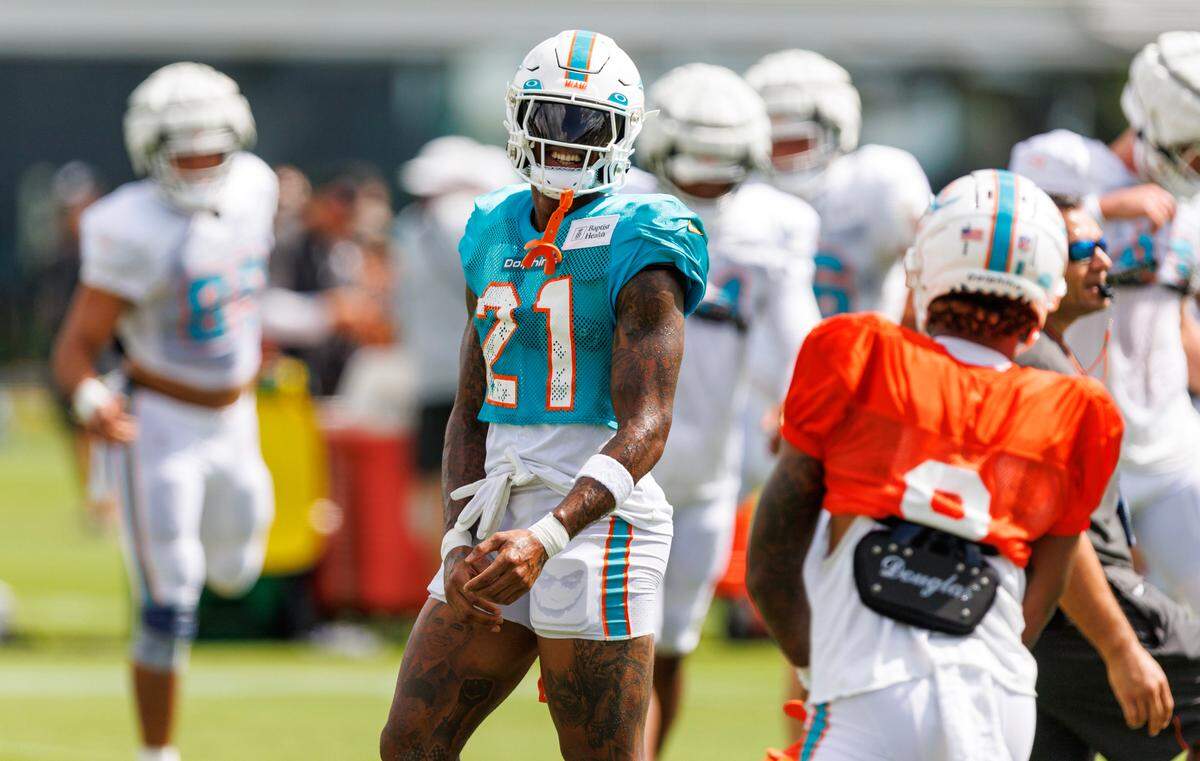 Miami Dolphins safety DeShon Elliott (21) smiles during NFL football training camp at Baptist Health Training Complex in Hard Rock Stadium on Tuesday, August 1, 2023 in Miami Gardens, Florida.