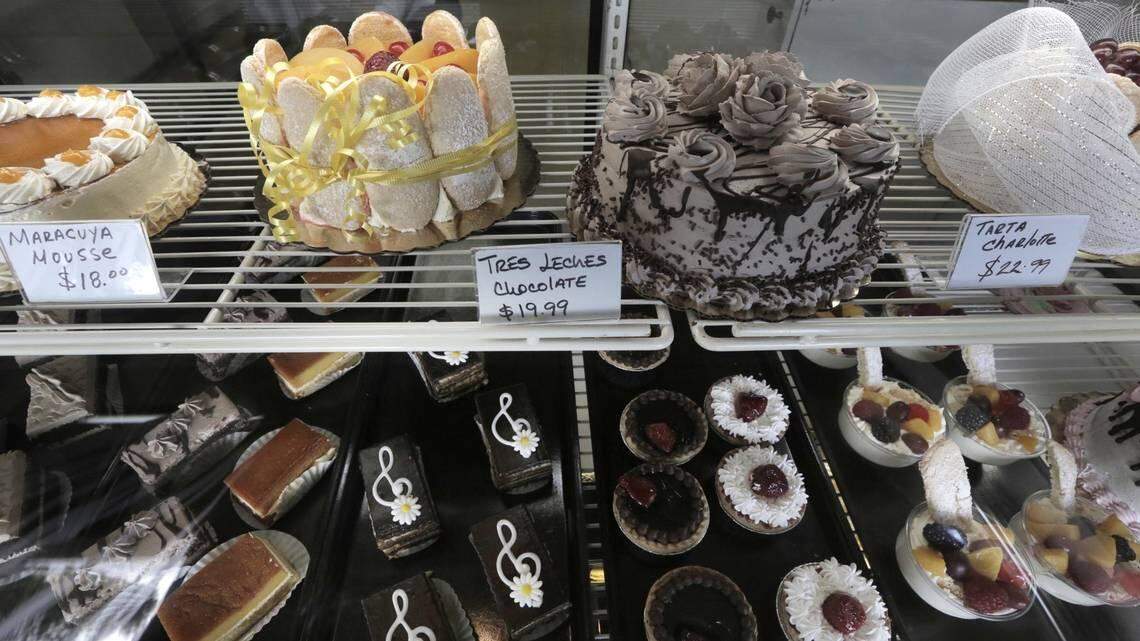 Sweets and cakes in the showcases of Almendrares bakery in southwest Miami.