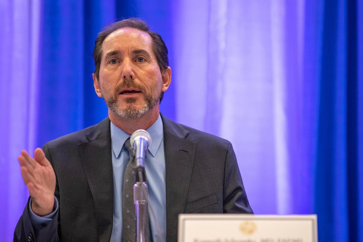 Florida Department of Health Deputy Secretary Kenneth Scheppke talks to reporters about the FDA decision to limit the use of monoclonal antibodies treatment during a press conference at Miami Dade College North Campus in Miami, Florida on Wednesday, January 26, 2022.