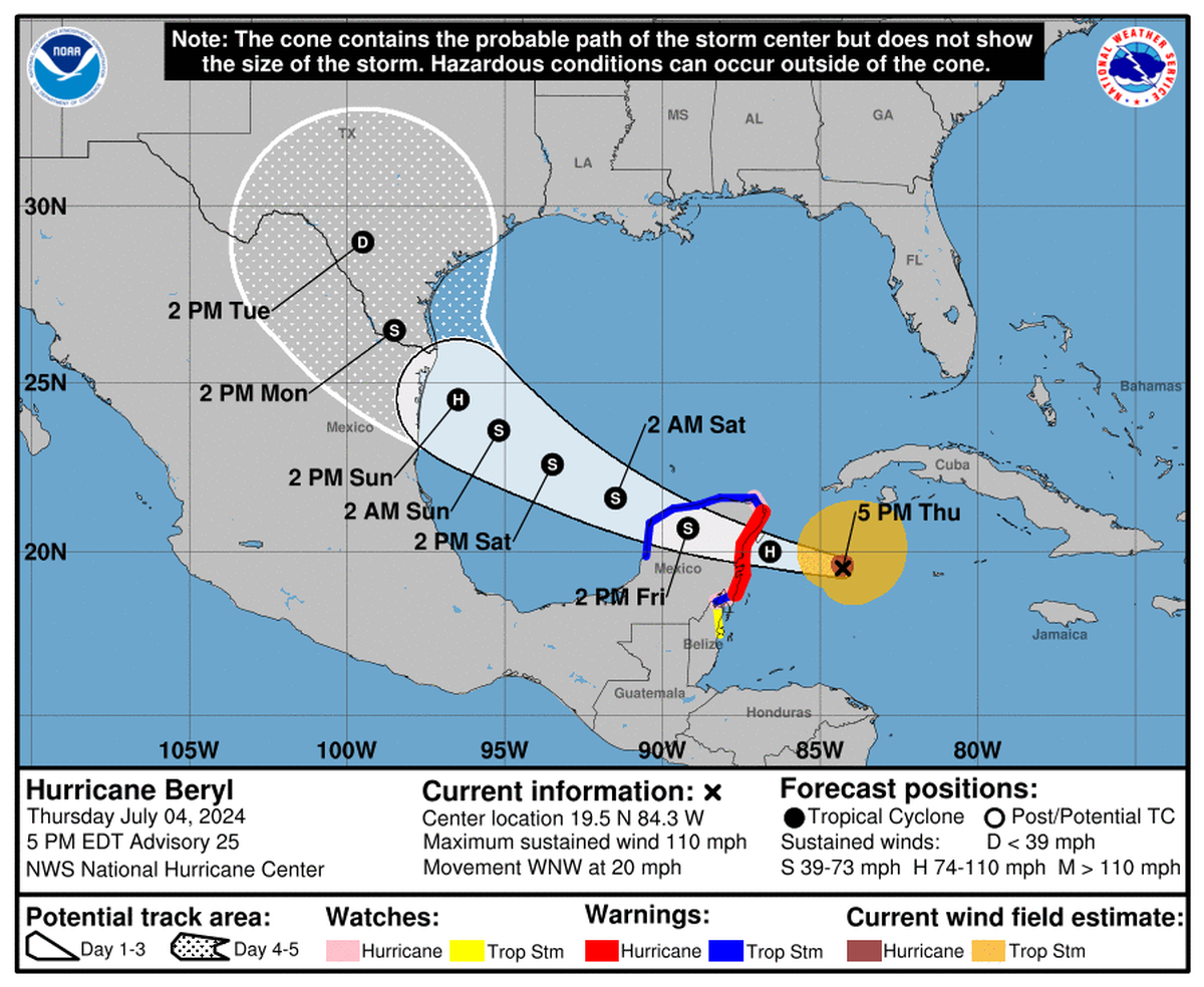 Hurricane Beryl held onto its Category 2 status Thursday evening as it approached Mexico, where it is expected to hit as a Category 1 hurricane on Friday.