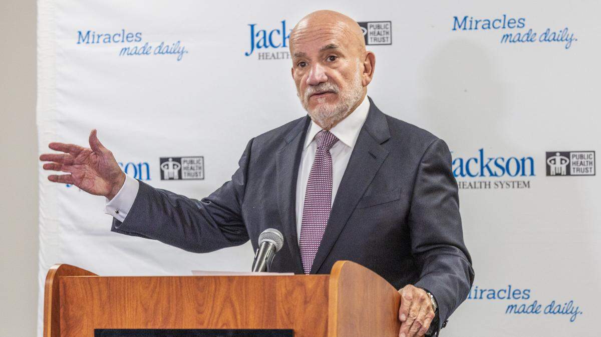 Jackson Health System’s CEO Carlos Migoya speaks during a press conference where he announced he is stepping down after more than a decade of leading one of the largest public health systems in the nation, on Thursday, Jan. 29, 2026.