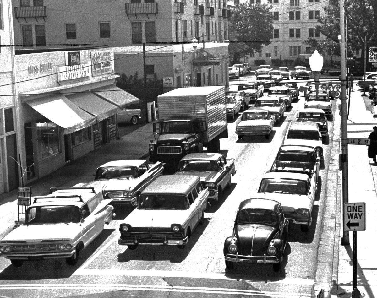 Traffic on Flagler at Southeast First Avenue, with the gridlock from a fashion show in 1961.
