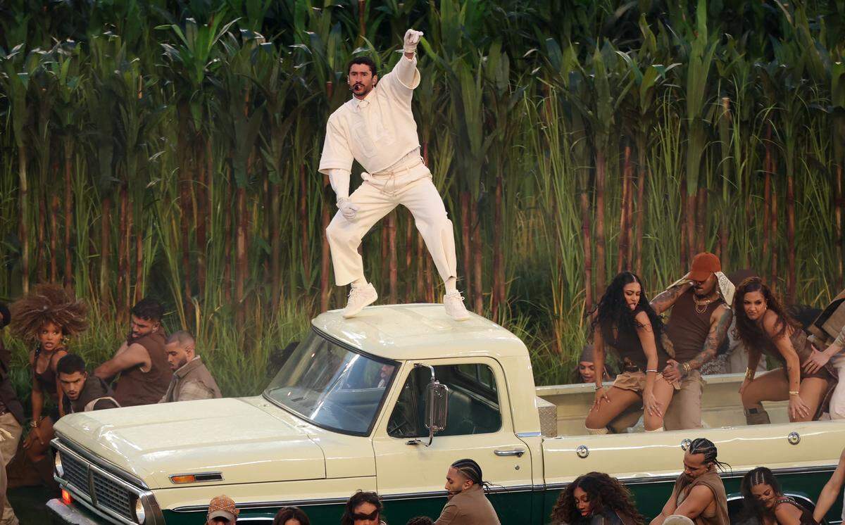 Puerto Rican singer Bad Bunny performs during Super Bowl LX Patriots vs Seahawks Apple Music Halftime Show at Levi's Stadium in Santa Clara, California on February 8, 2026. (Photo by Patrick T. Fallon / AFP via Getty Images)