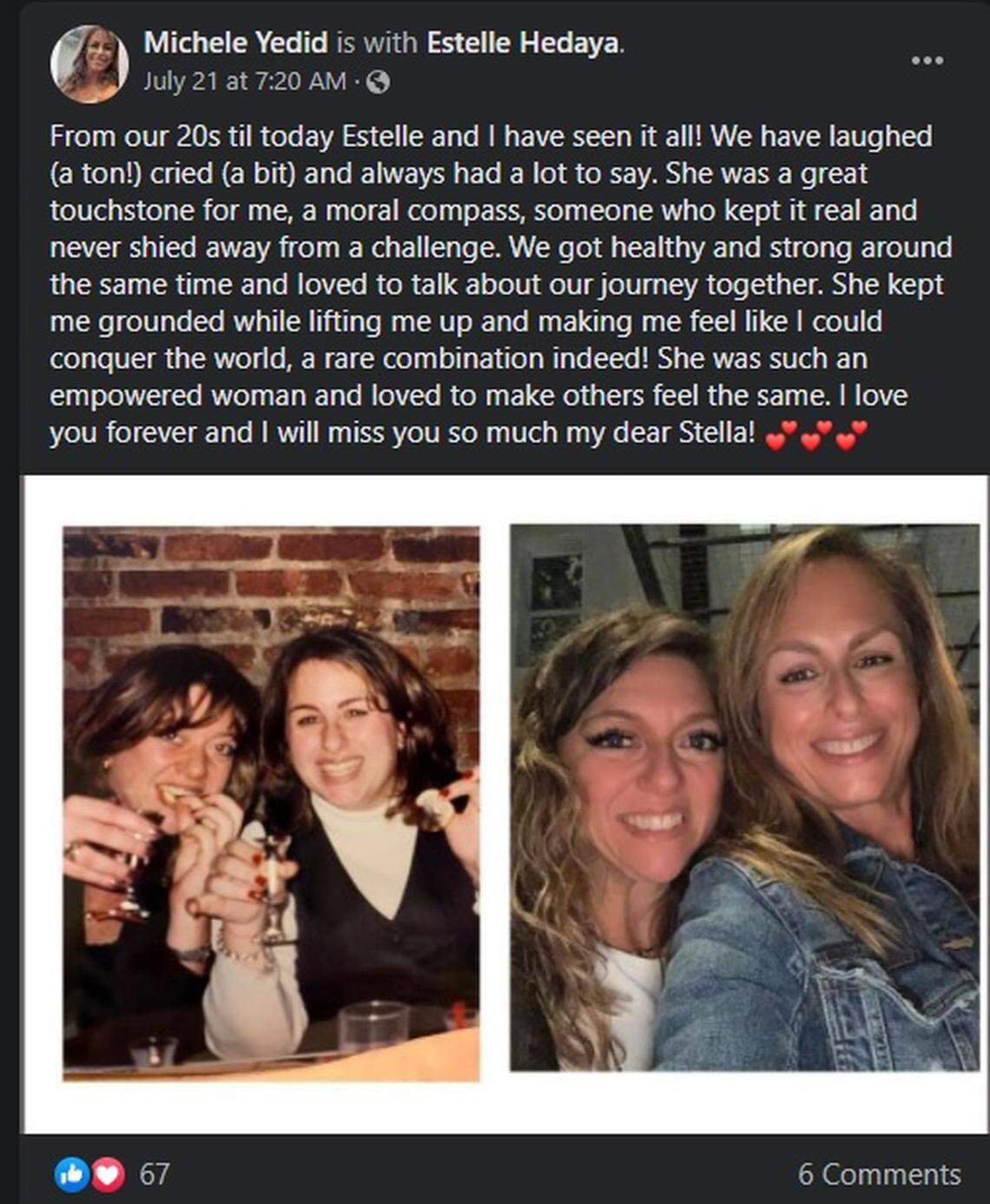 A post on the Facebook group page, Estelle Hedaya Remembered on July 21, 2021.