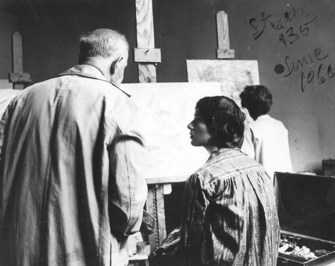 Miami Beach artist Mira Lehr is seen here in 1958 learning from artist Zoltan Hecht. 