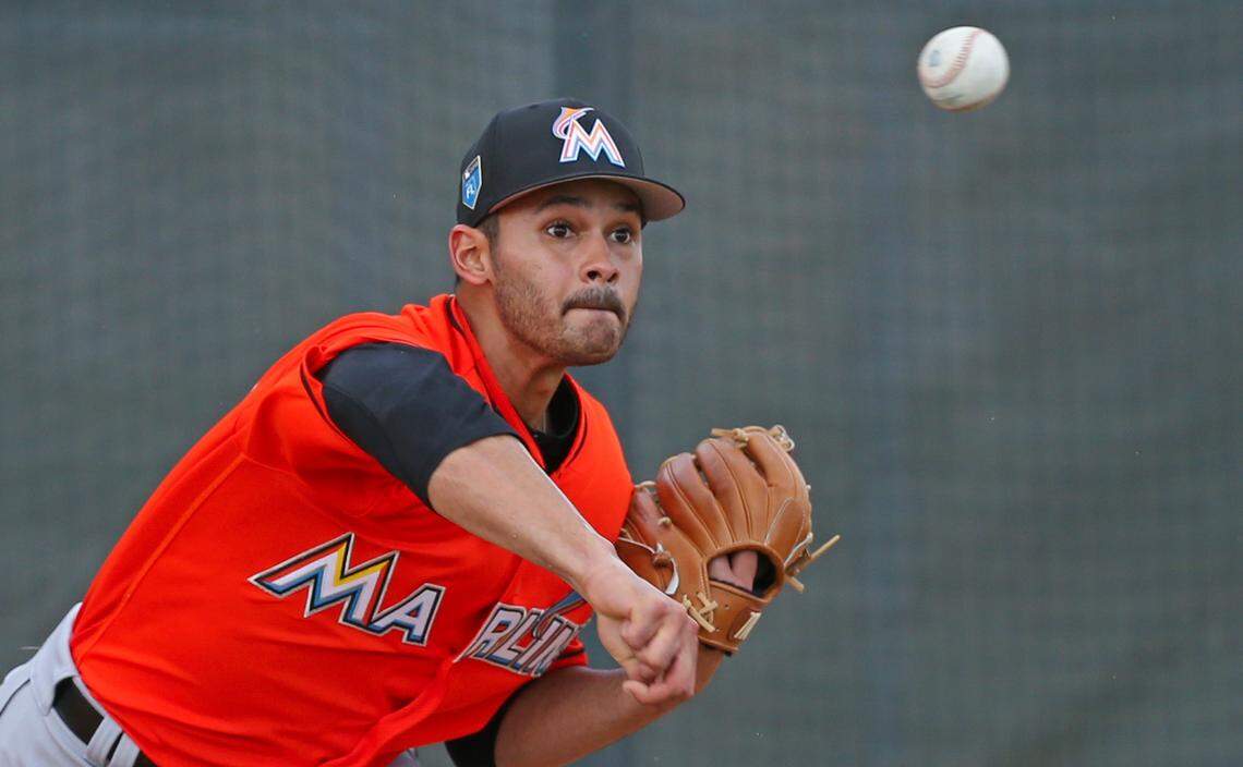 Miami Marlins pitcher Pablo Lopez pitches during the spring training baseball workouts at Roger Dean Stadium on Tuesday, Feb. 20, 2018, in Jupiter.