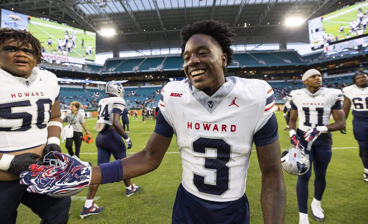 Howard Bison wide receiver Antonio Hunter (3) reacts after his team defeated Florida A&M Rattlers in their Orange Blossom Classic football game at Hard Rock Stadium on Saturday, Aug. 30, 2025, in Miami Gardens, Fla.