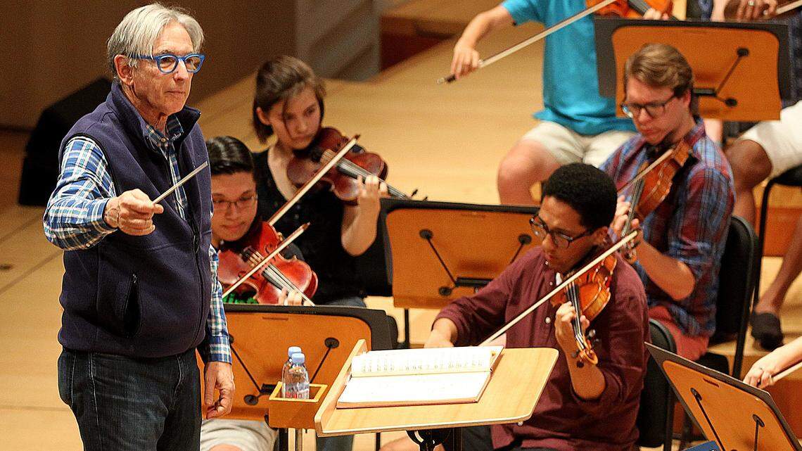 Michael Tilson Thomas, co-founder and artistic director of the New World Symphony, in April 2018 directed visiting students and NWS fellows during a rehearsal.