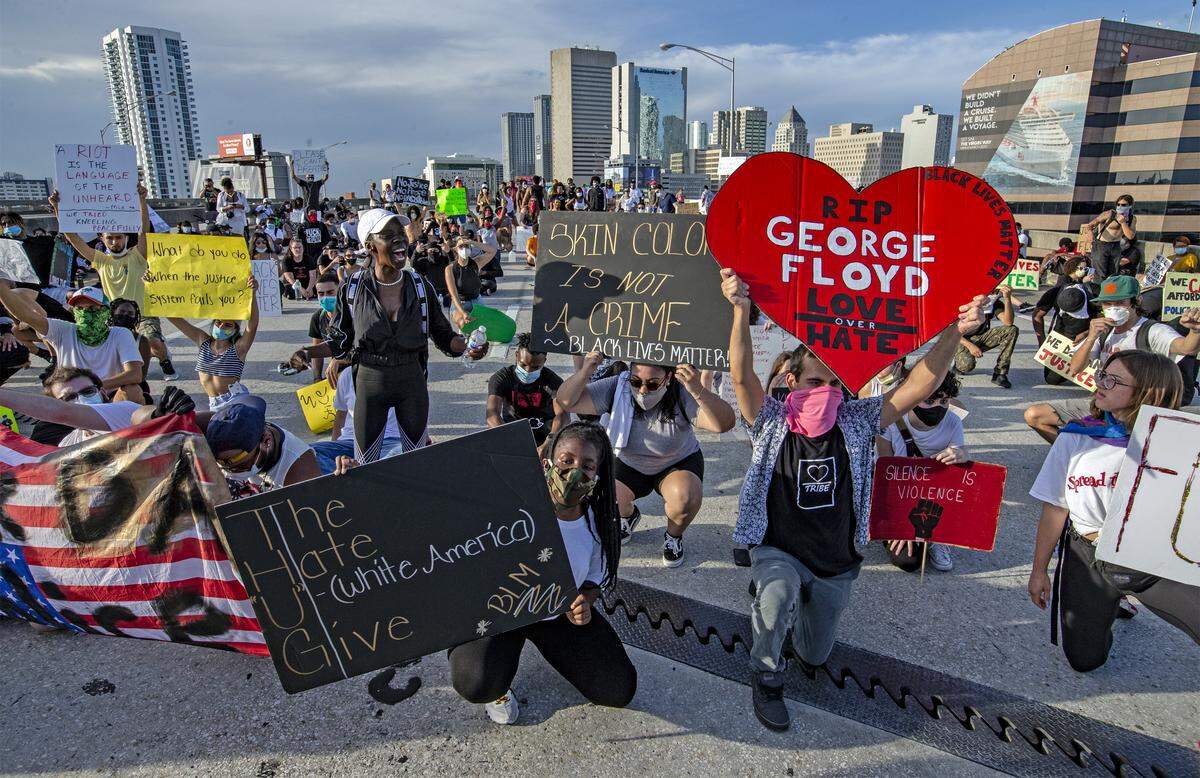 Demonstrators block I-95 in Miami during a protest over George Floyd’s death.