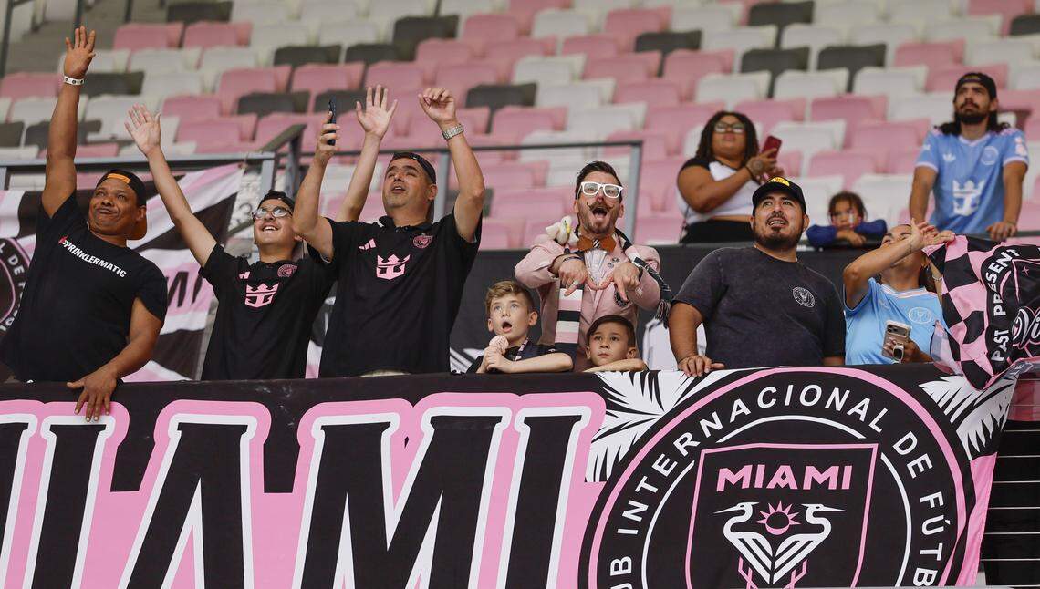 Inter Miami CF fans watch the team practice from the stands at Nu Stadium at Miami Freedom Park on Thursday, April 2, 2026, in Miami.