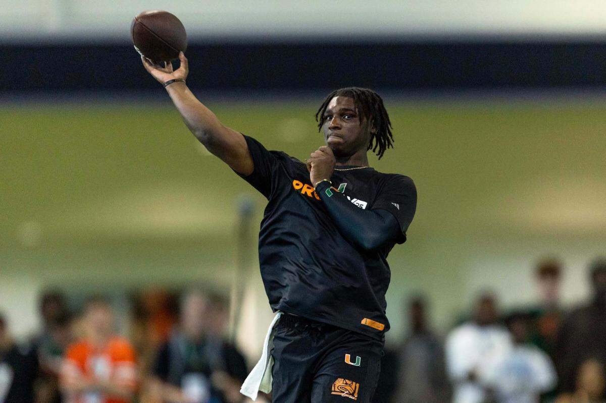 Former Miami Hurricanes quarterback Cam Ward throws the football during the University of Miami’s Pro Day for NFL scouts at the Carol Soffer Indoor Practice Facility on Monday, March 24, 2025, in Miami, Florida.