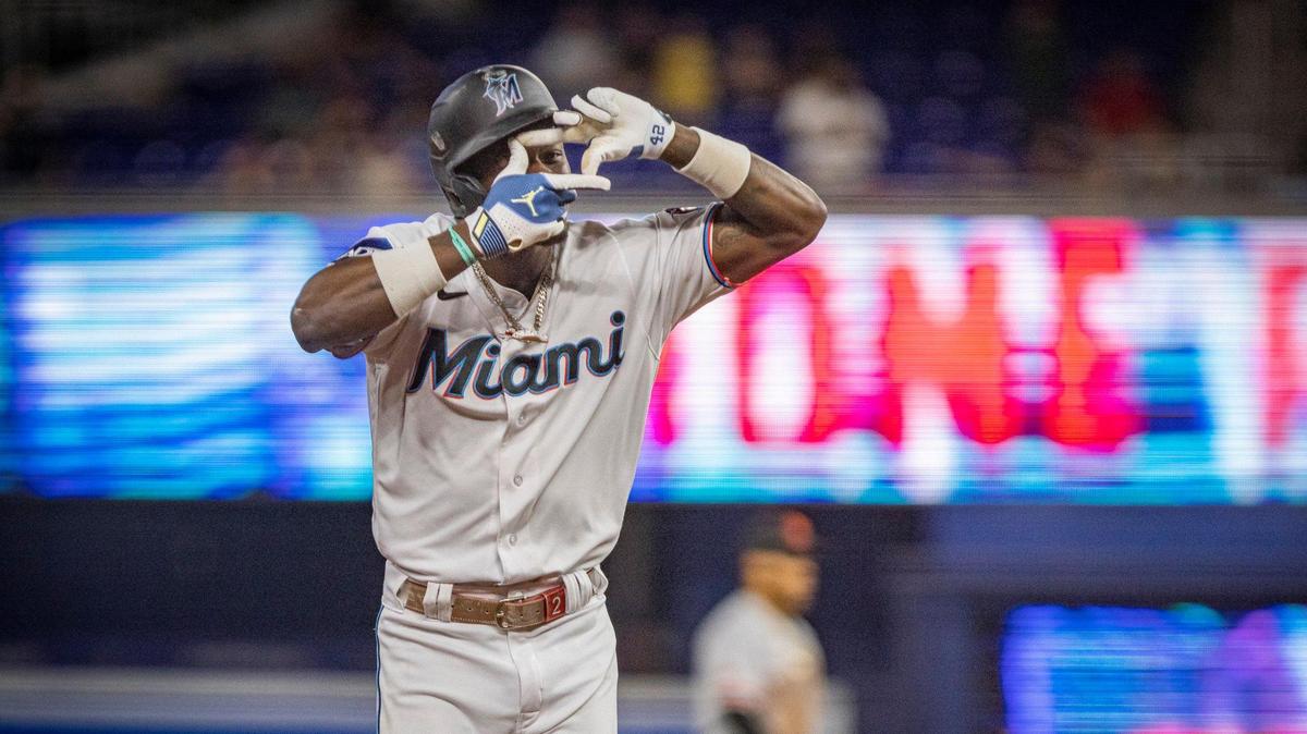 Miami Marlins center fielder Jazz Chisholm Jr. (2) gestures after hitting a home run and Jorge Soler (12) and Bryan De La Cruz (14) also score during the bottom of the fourth inning at an MLB game between the Miami Marlins and the San Francisco Giants on Tuesday, April 18, 2023, at loanDepot Park in Miami.