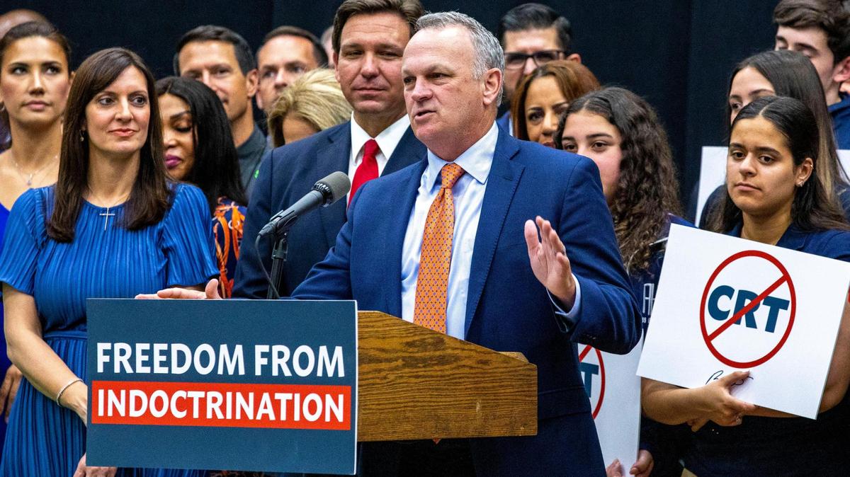 Outgoing Commissioner of Education Richard Corcoran speaks to the crowd before Florida Gov. Ron DeSantis signs HB 7, the ‘Individual Freedom’ bill also dubbed the ‘Stop Woke Act,’ during a press conference at Mater Academy Charter Middle/High School in Hialeah Gardens, Florida, on Friday, April 22, 2022.