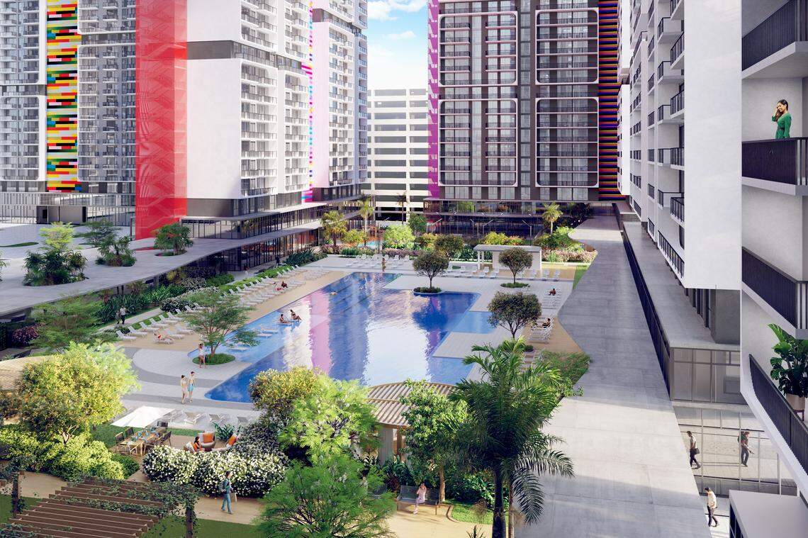 An architectural rendering depicts the swimming pool in the two-acre central park at the planned HueHub, an $880 million development set tol bring 4,000 apartments to Miami-Dade County’s West Little River area. Developer Pablo Castro is setting aside 3,000 apartments at unusually low rents for first responders and teachers.