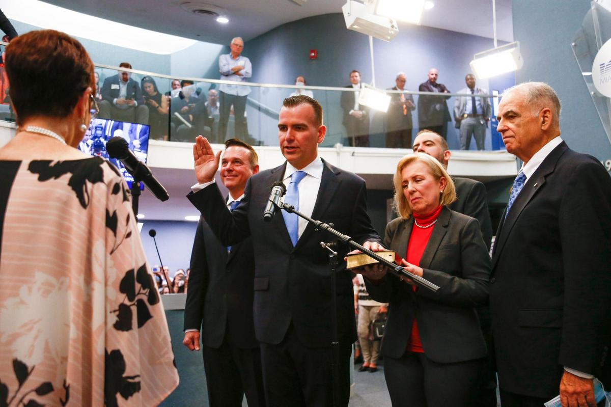 Newly elected Miami Beach Commissioner Alex Fernandez is sworn into office during a ceremony held at the Miami Beach City Hall in Miami Beach on Monday, Nov. 22, 2021.