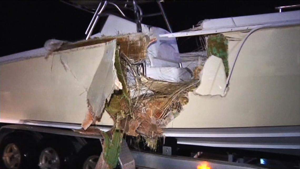 A huge gash in the side of one of the boats struck during a collision on July 4, 2014.  Raffio Storace / Courtesy CBS4