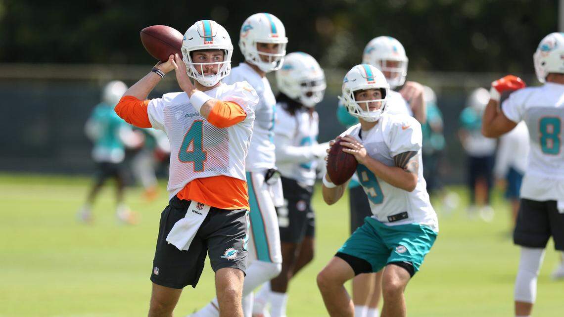 Miami Dolphins quarterback Luke Falk (4) passes as the Miami Dolphins practice at Baptist Health South Florida Training Facility in Davie on Friday, September 28, 2018.