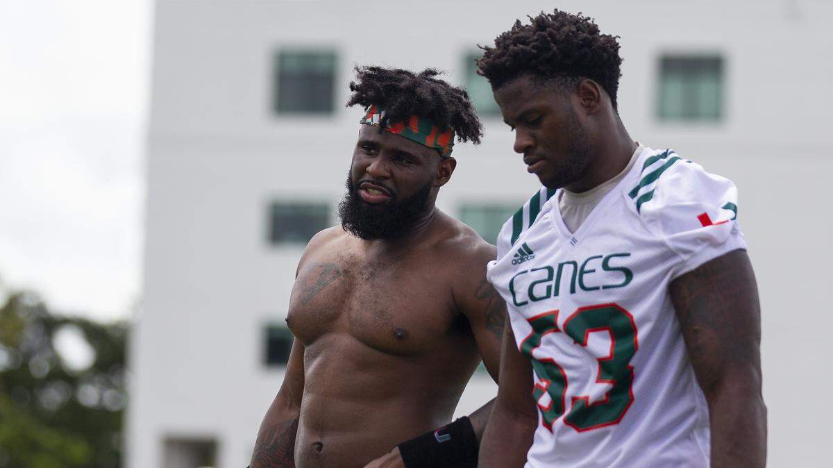 University of Miami linebacker Michael Pinckney (56) talks to fellow starting linebacker Zach McCloud (53) after the first day of fall training camp at the Greentree Practice Fields in Coral Gables on Saturday, August 4, 2018.