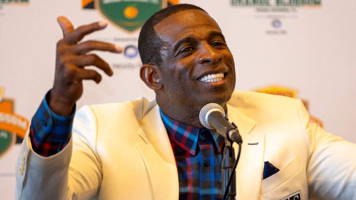 Jackson State University head coach Deion Sanders reacts to questions from the media during a pregame press conference for the Orange Blossom Classic held on the Club Level at Hard Rock Stadium in Miami Gardens, Florida, on Friday, September 2, 2022.