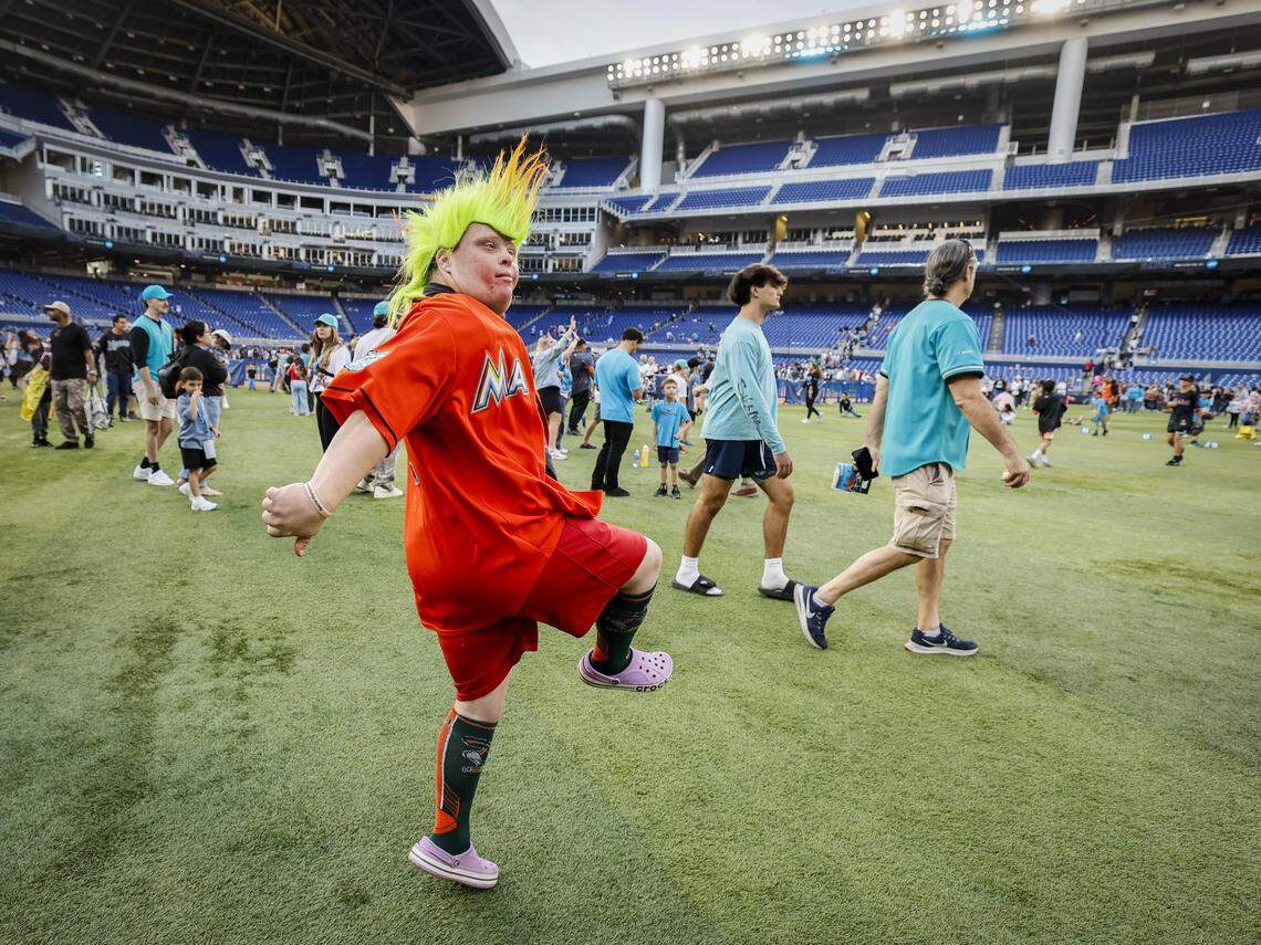 Nicholas Gulliksen, 28, dances in the outfield during Marlins Fan Fest at loanDepot park in Miami on Saturday, February 7, 2026. 