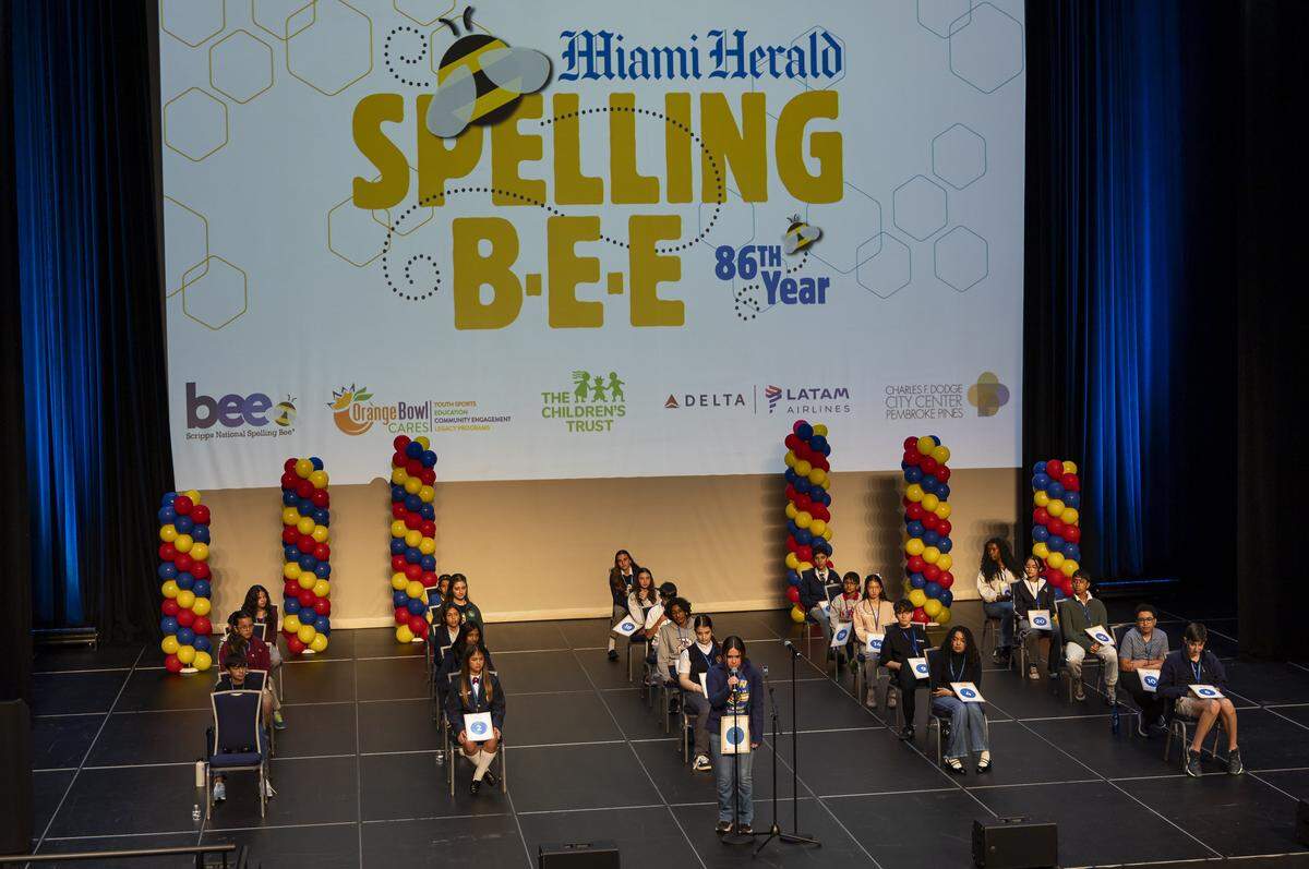 Alyssa Moya, a seventh-grader from Academir Charter School - West, competes in the 86th Miami Herald Spelling Bee for Miami-Dade and Monroe County at the Charles F. Dodge City Center on Wednesday, Feb. 25, 2026, in Pembroke Pines, Fla.