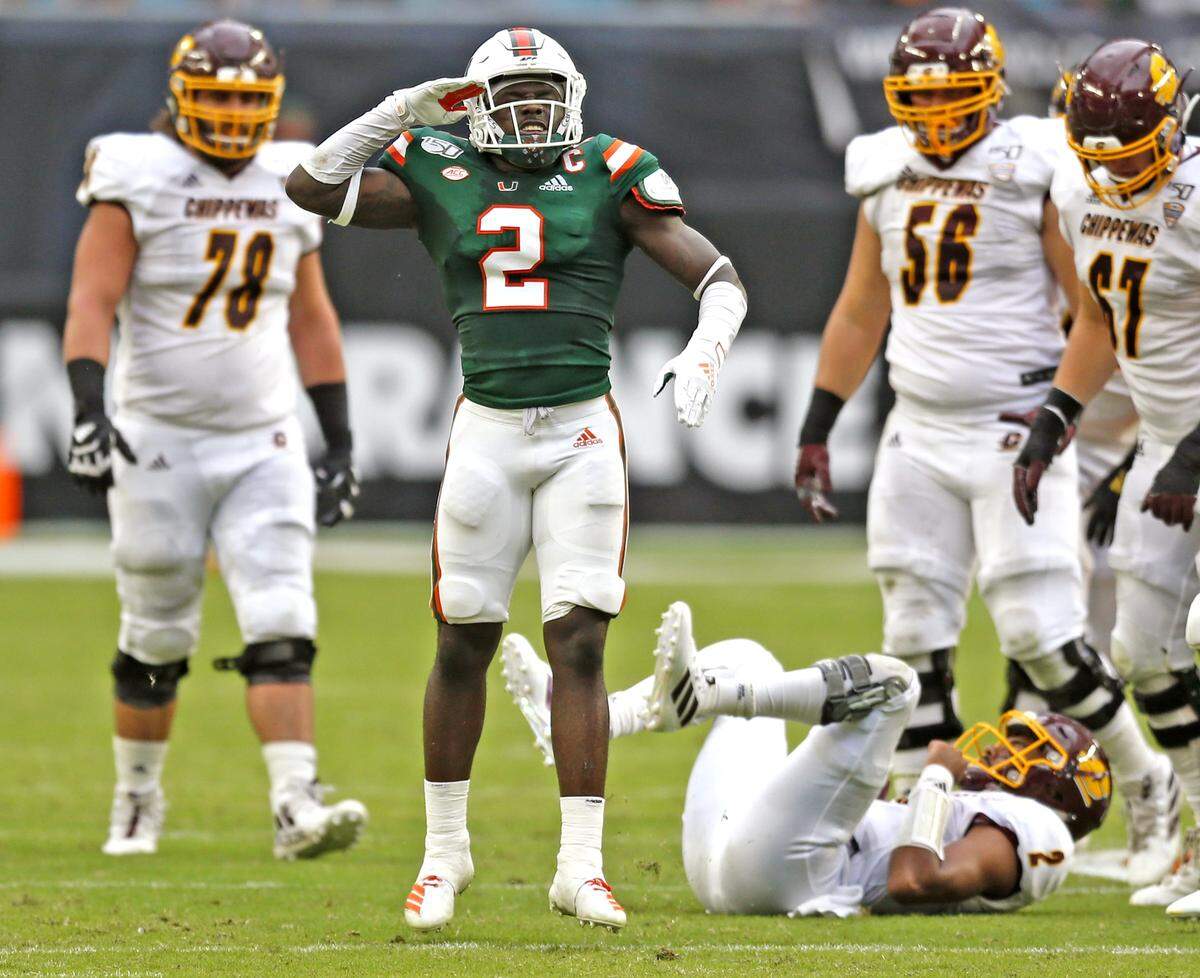 Miami Hurricanes defensive back Trajan Bandy (2) gestures after sacking Central Michigan Chippewas quarterback David Moore (2) in the second quarter as the University of Miami Hurricanes host the Central Michigan Chippewas at Hard Rock Stadium in Miami Gardens on Saturday, September 21, 2019.