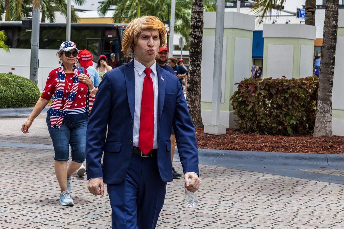 Trump impersonator Josh Rosen arrived early morning for a late night rally at the Trump National Doral Miami, in Doral on Tuesday, July 09, 2024.