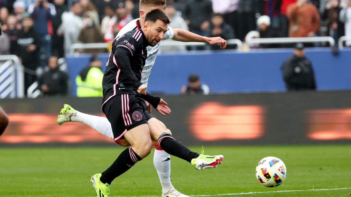 Jan 22, 2024; Dallas, TX, USA; Inter Miami forward Lionel Messi (10) shoots the ball during the first half against FC Dallas at Cotton Bowl Stadium. Mandatory Credit: Kevin Jairaj-USA TODAY Sports