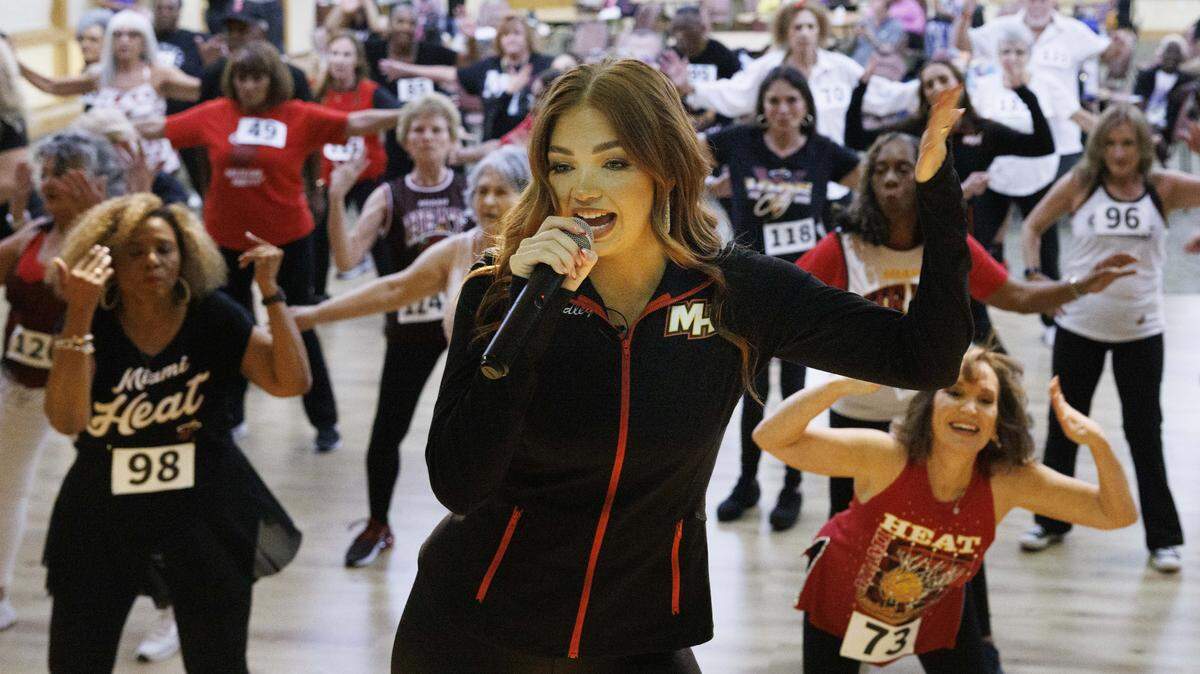 Hadley Hancock, a Miami Heat dancer, teaches a routine to the participants during the Golden Oldies auditions for the Miami Heat senior dance team on Thursday, Sept. 25, 2025, at Southwest Focal Point Community Center in Pembroke Pines, Fla.