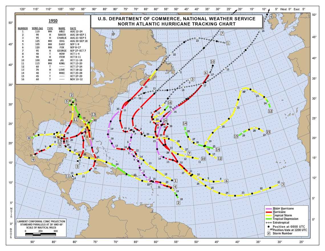 Tropical cyclones tracked by the National Hurricane Center in 1950.