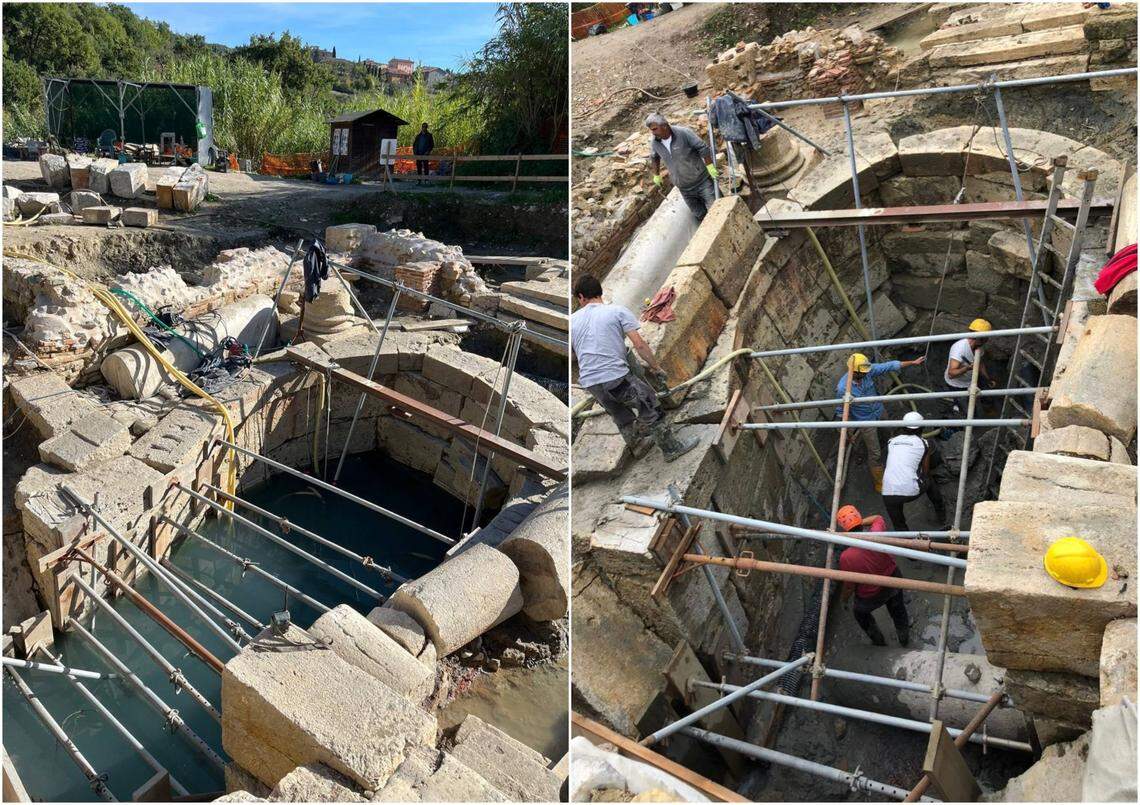 The central hot spring as it looked during excavations in 2022 when filled (left) and emptied (right).