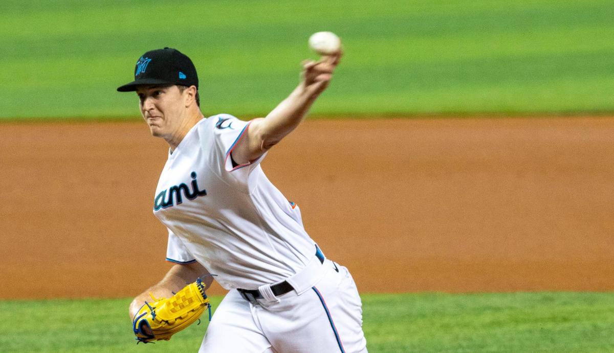 Miami Marlins pitcher Trevor Rogers (28) pitches during the first inning of an MLB game against the Philadelphia Phillies at loanDepot park in the Little Havana neighborhood of Miami, Florida, on Monday, May 24, 2021.