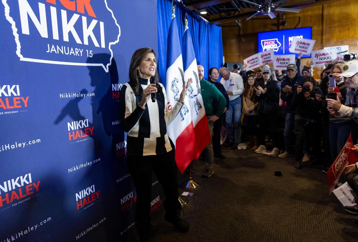 Former South Carolina Gov. Nikki Haley speaks to supporters during a rally at Jethro’s BBQ on Sunday, Jan. 14, 2024, in Ames, Iowa.