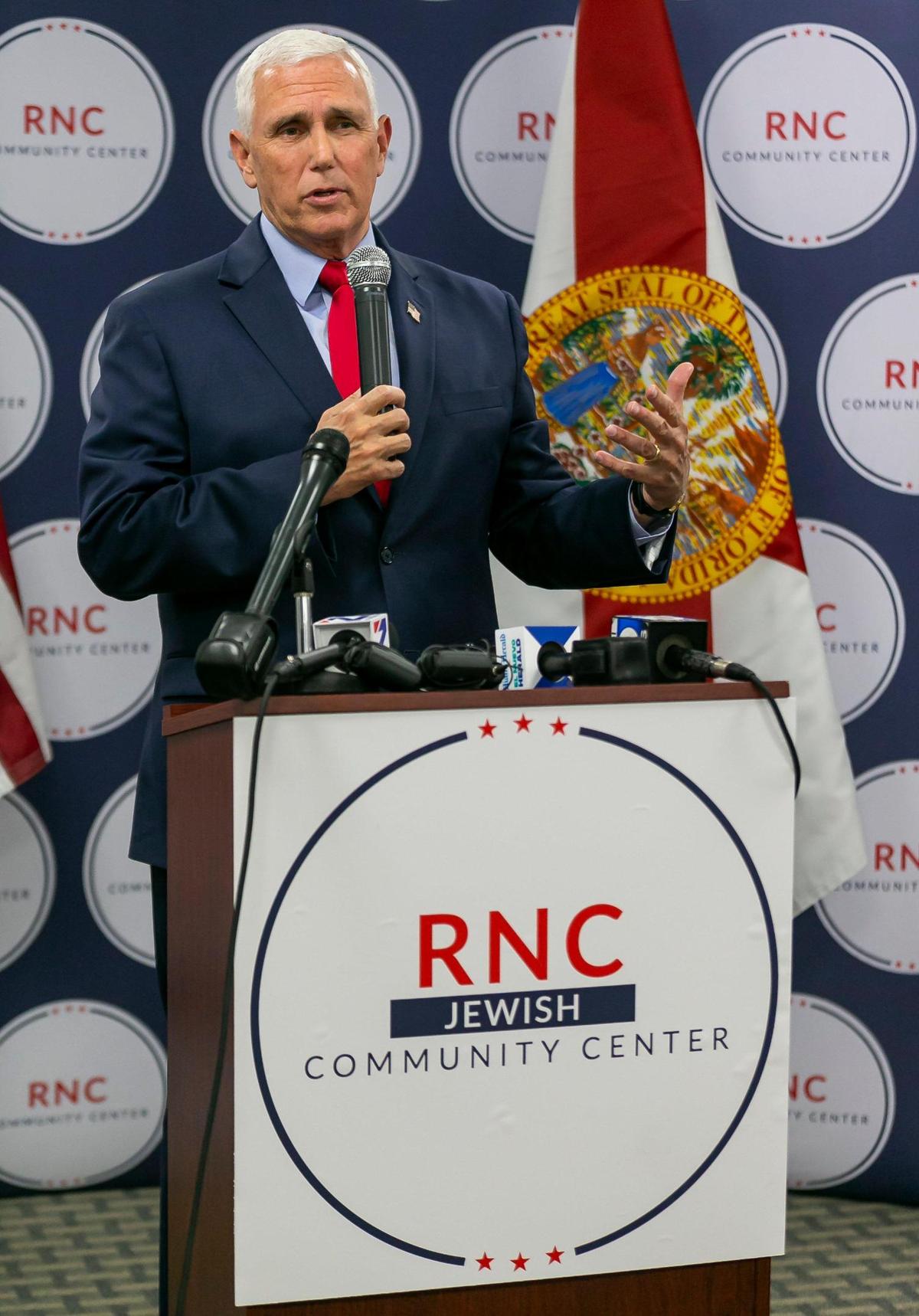 Former Vice President Mike Pence speaks on Monday, May 2, 2022, at the Republican National Committee’s Jewish Community Center in Boca Raton, which is part of a multimillion-dollar outreach effort to engage voters in targeted communities.