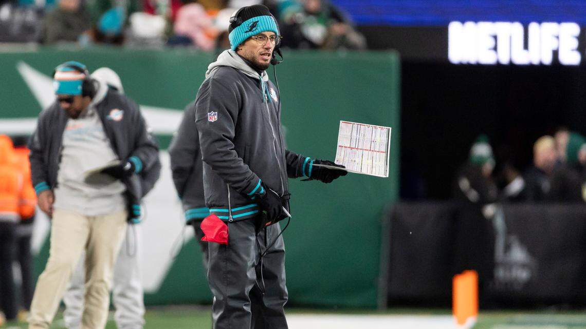 Miami Dolphins head coach Mike McDaniel looks on from the sideline as his team plays against the New York Jets in the first half of their NFL game at MetLife Stadium on Sunday, Jan. 5, 2025, in East Rutherford, N.J.