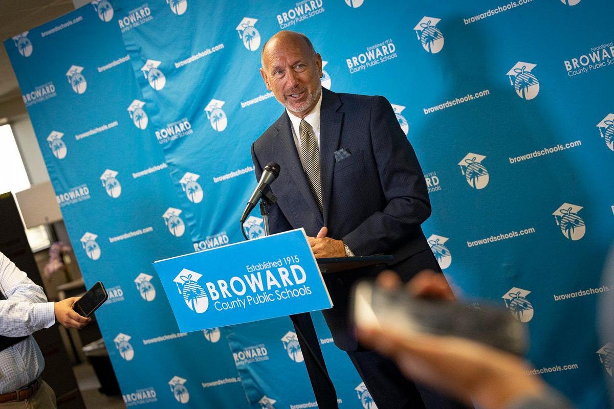 Board member Dr. Allen Zeman talks during a press conference after a Broward Country School Board meeting discussing candidates to move forward as semi-finalists in the superintendent search on Monday, May 22, 2023, in Fort Lauderdale.