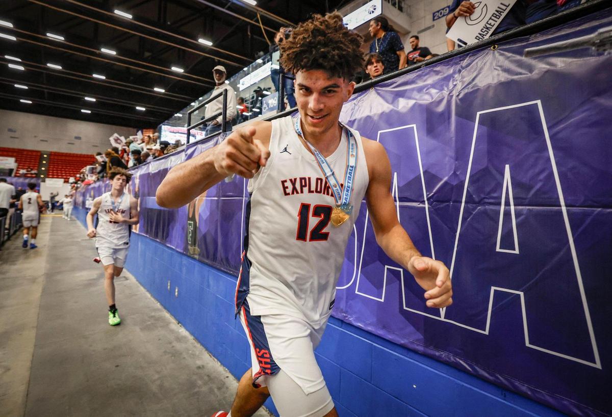 Columbus’ Cameron Boozer (12) celebrates after the team defeats Windermere for the FHSAA Class 7A Final for Boys High School Basketball State Championship at the RP Funding Center in Lakeland, Florida on Saturday, March 8, 2025.